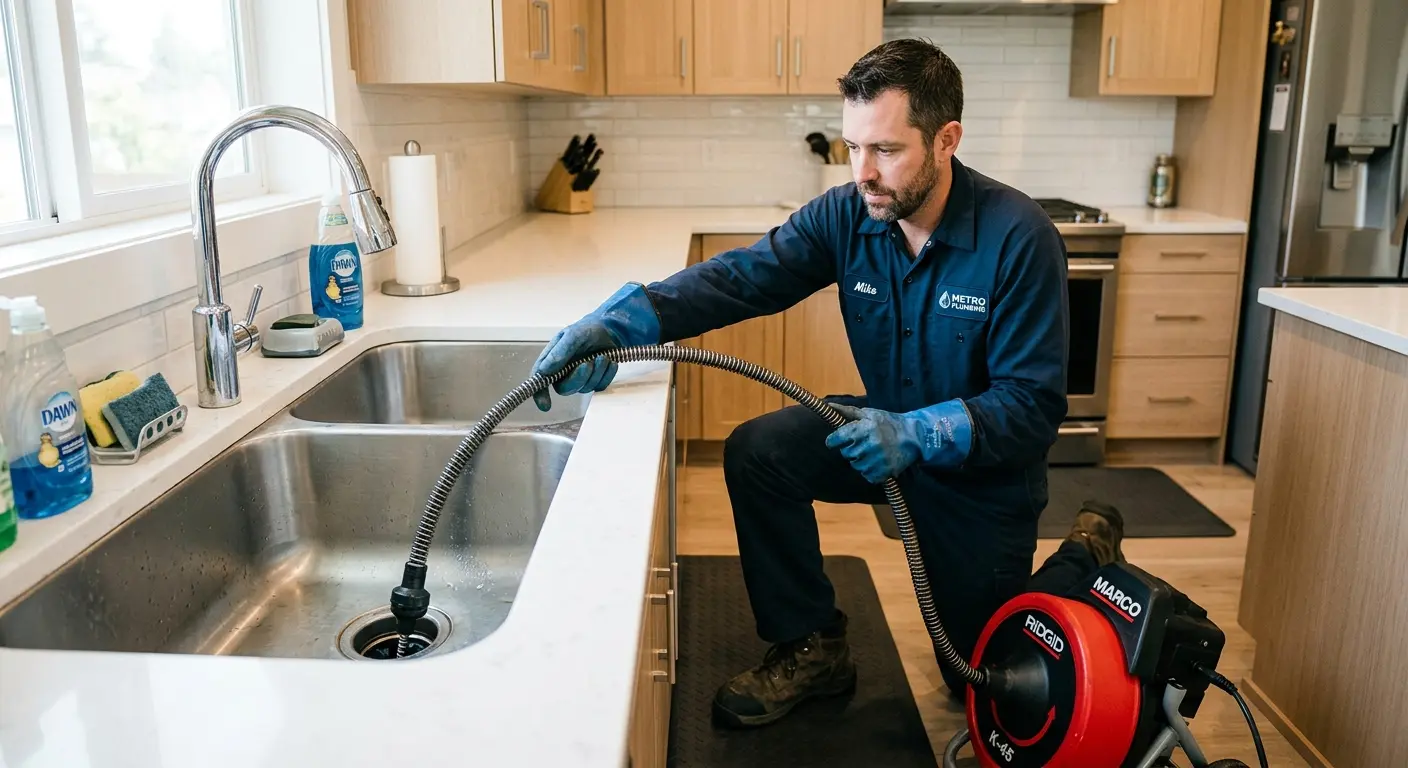Drain cleaning technician using a motorized snake on a kitchen sink in Prairieville
