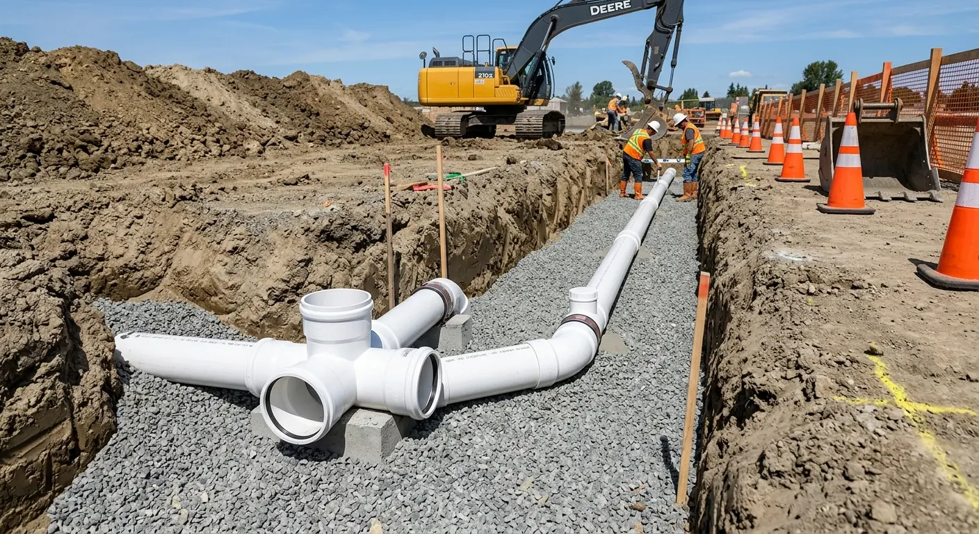 New PVC sewer pipe installation in open trench for Sewer Backup in Prairieville