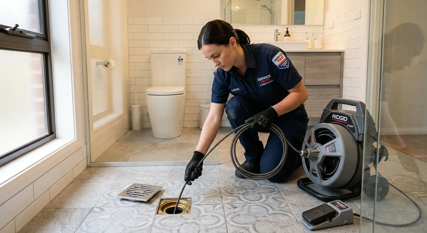 Technician clearing a bathroom floor drain for Hydro Jetting in Prairieville